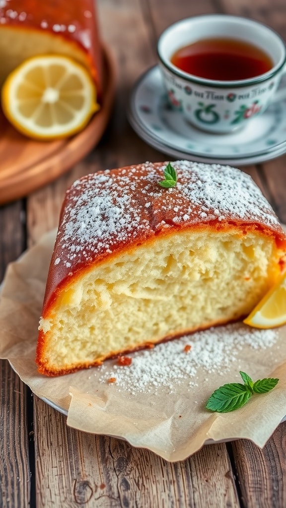 A slice of vegan 7-Up pound cake with powdered sugar and lemon garnish on a wooden table.
